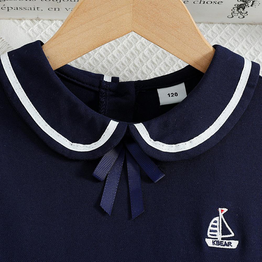 5-12J Dunkelblau Mädchen Matrosen Sommerkleid Peter Pan Kragen Kurzarm Falten Schule Freizeitkleid