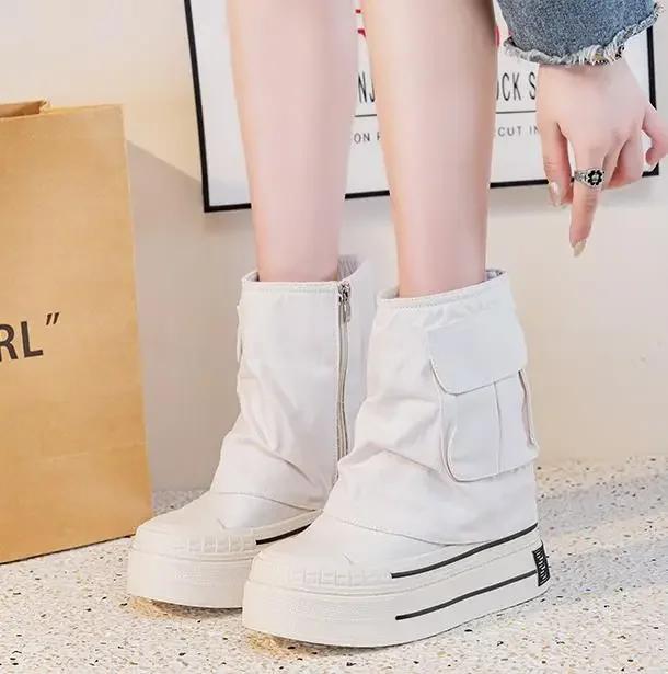 

Fashion 2025 New Women All Season Canvas Boots Zipper Side Inner Height Increase 12cm Ultra High Heel Pocket Ankle Boots Black White 40 бежевый