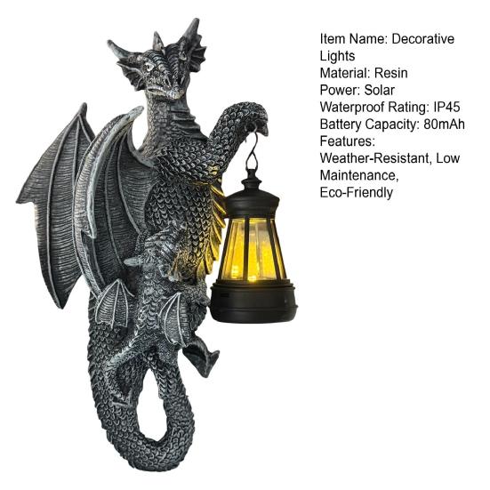 Solar-Powered Dragon Statue Outdoor Garden Ornament with LED Glow Weather-Resistant Resin Fantasy Decor for Patio Wall Fence Lighting