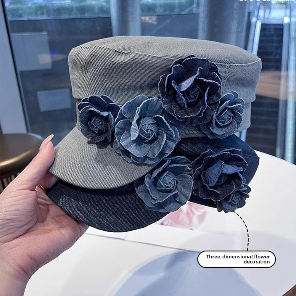 Adjustable Flower Flat Top Hat Artistic Painter Caps Niche Design Denim Camellia Beret Hat  Girl