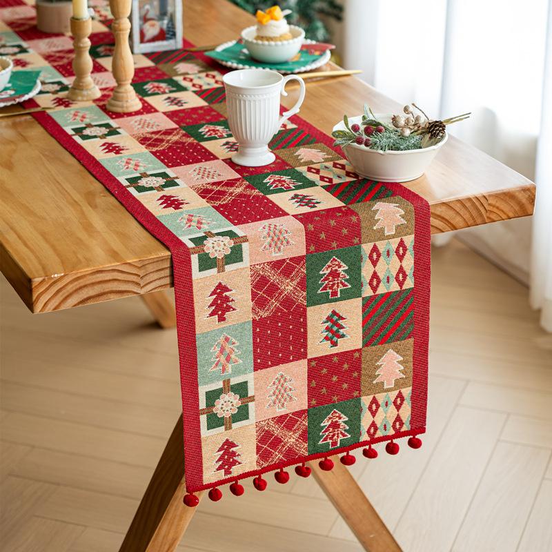 Christmas Festive Jacquard Linen Tablecloth Rectangular Runner Decorative TV Cabinet Cover