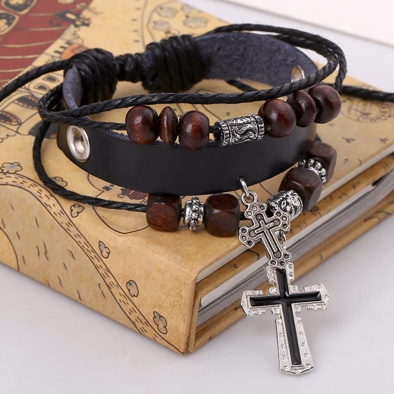 Beaded cross leather bracelet real leather bracelet punk style