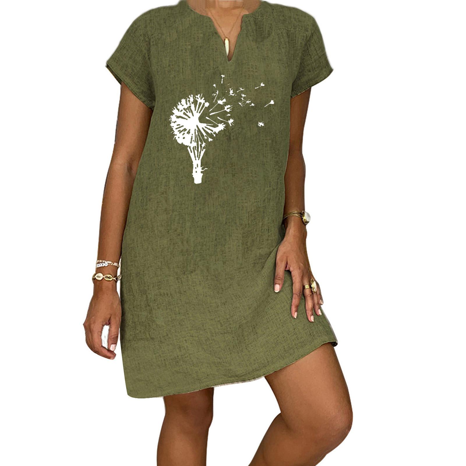 Women s Summer Casual Fashion Print Short-sleeve V-neck Loose Cotton Linen Dress L