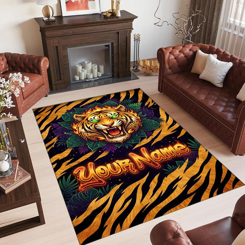 Leopard Theme Crystal Velvet Floor Rug Personalized Custom Name Text Warm Carpet Home Decoration