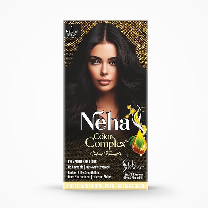 Neha Color Complex Permanent Hair Colour, Natural Black, Colorant 60ml+ Developer 60g, Conditioner Sachet (6ml X 2)