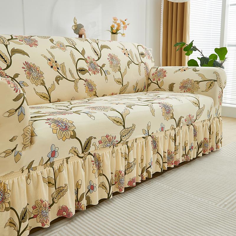 1pc Printed Skirt Sofa Cover, elastic, anti-slip. Simple, modern, all-season, dust & cat-proof. Retractable, washable, durable.