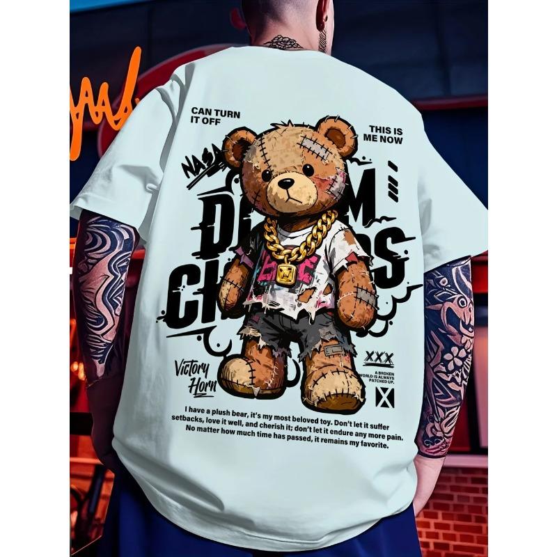 Europäisches und amerikanisches Herren Sommer Teddybär Graffiti Print Bequemes und atmungsaktives Rundhals T-Shirt Outdoor Street Top