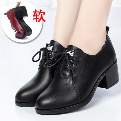 Fashion Spring Autumn Deep Mouth New Fashion Casual Women's Solid Lace Up Round Toe Chunky Heel Soft Leather Bottom Single Shoes