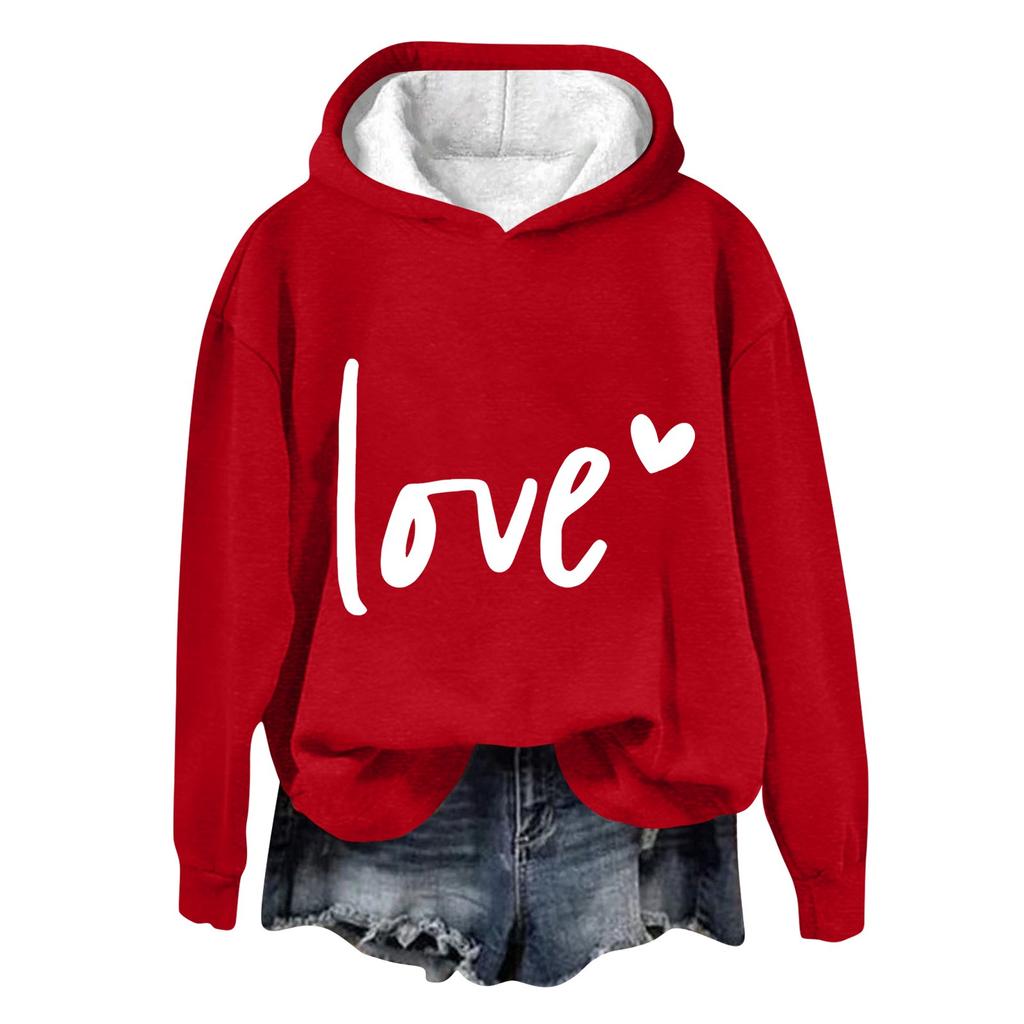 Women's Long Sleeved Shirt With Valentine's Day Print And Hooded Sweatshirt