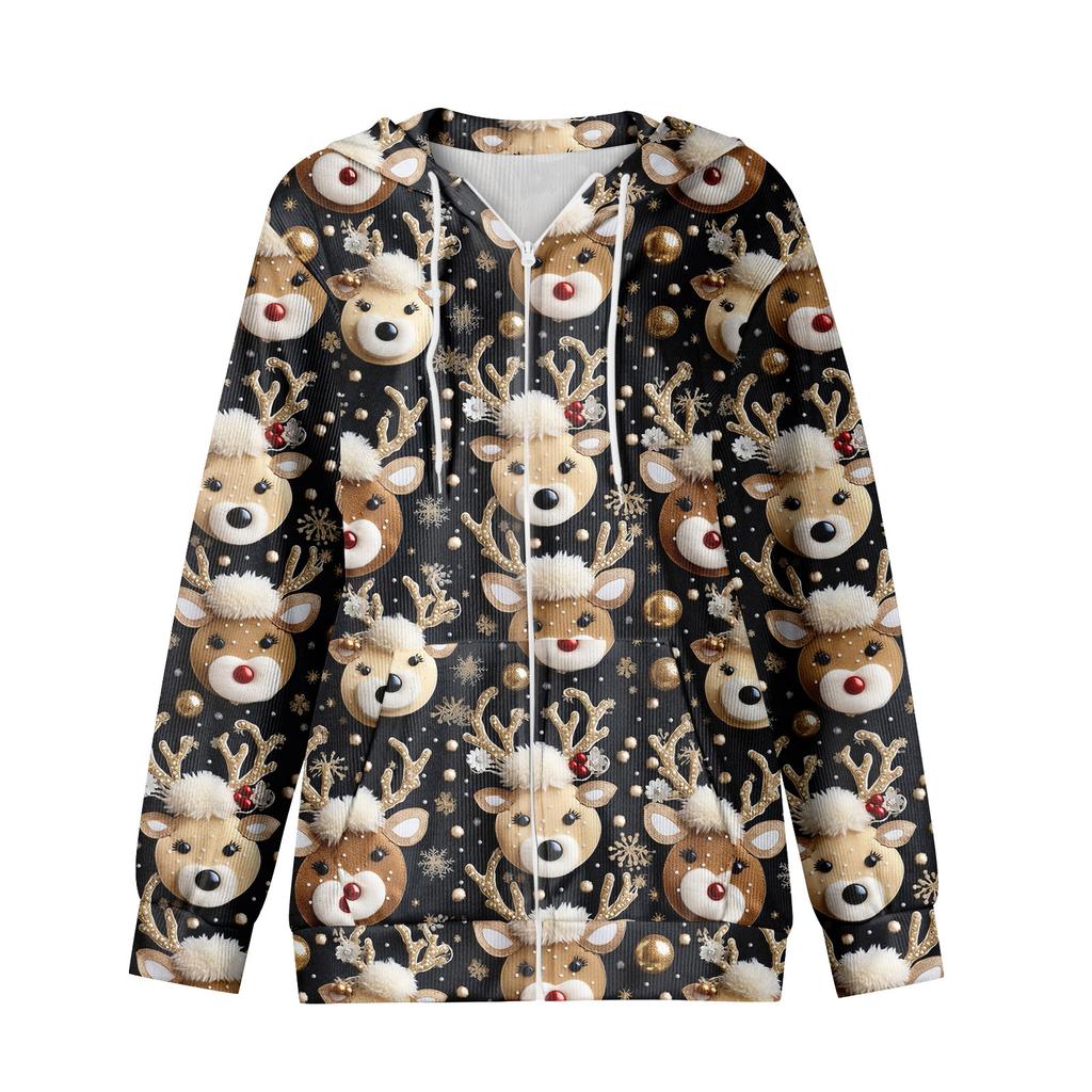 Sudadera con capucha de punto casual para mujer de moda con cremallera y manga larga con estampado navideño