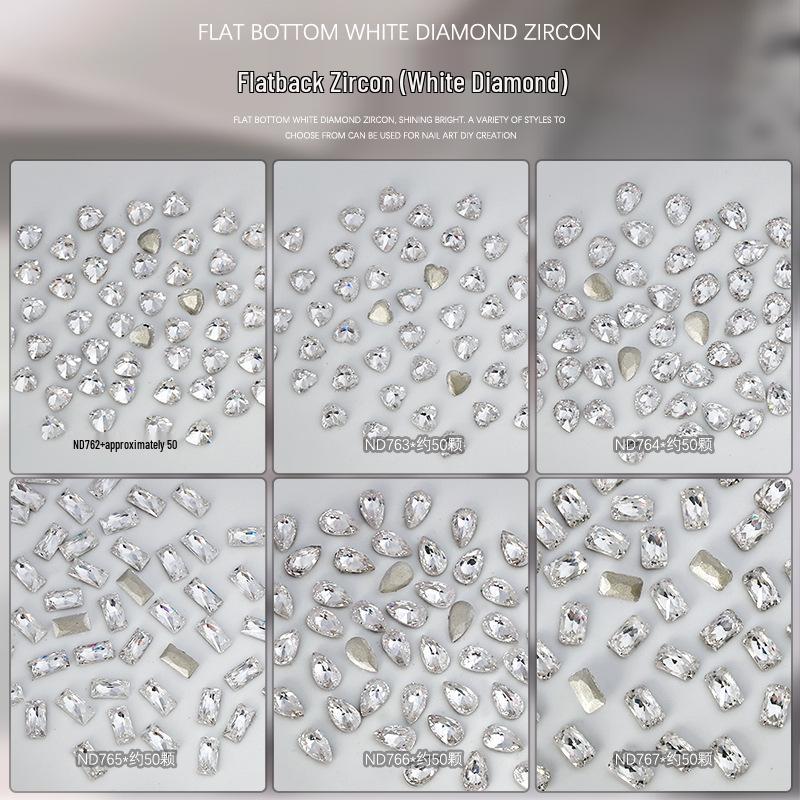 Nail Art Decorations: 5A Zircon Rhinestones - Marquise, Teardrop, Heart, Square Shapes, Flat Back, 50 Pcs.