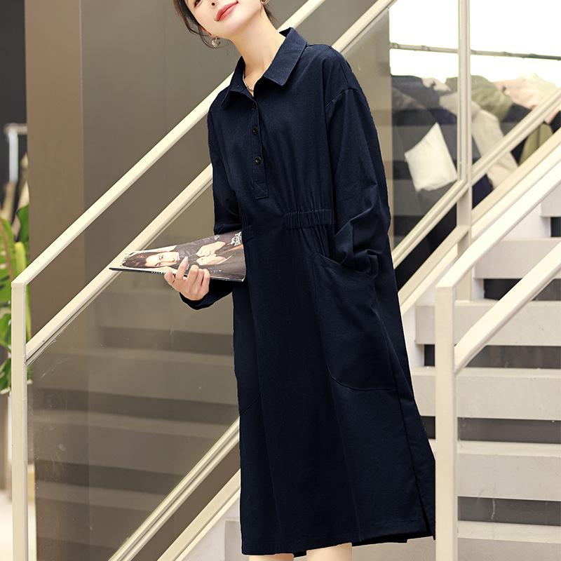 

Женское весенне-осеннее длинное платье из хлопка и льна: Повседневное и элегантное платье-рубашка премиум-класса (2024). XL темно-синий