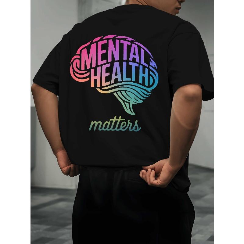 

Men s Mental Health Awareness T-Shirt - Breathable Summer Tee with Mental Health Matters Pink & Blue Brain Print, Loose Casual Short Sleeve Shirt XL чорний
