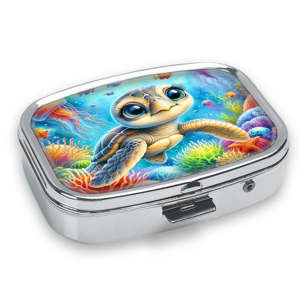 Portapillole Portatile con 2 Scomparti, Mini Custodia Organizer in Metallo per Medicine, Carino Contenitore Stampato per Pillole, Vitamine, Gioielli, Viaggio, Uso Quotidiano