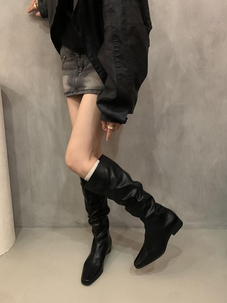 French Retro Brown Pile Boots Western Boots Early Autumn Small Khaki Boots Thick Heel High Boots Women's Boots