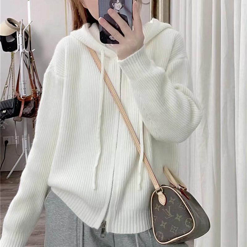 Autumn and winter new loose fashion solid color hooded sweater wearing soft waxy knitted cardigan zipper jacket