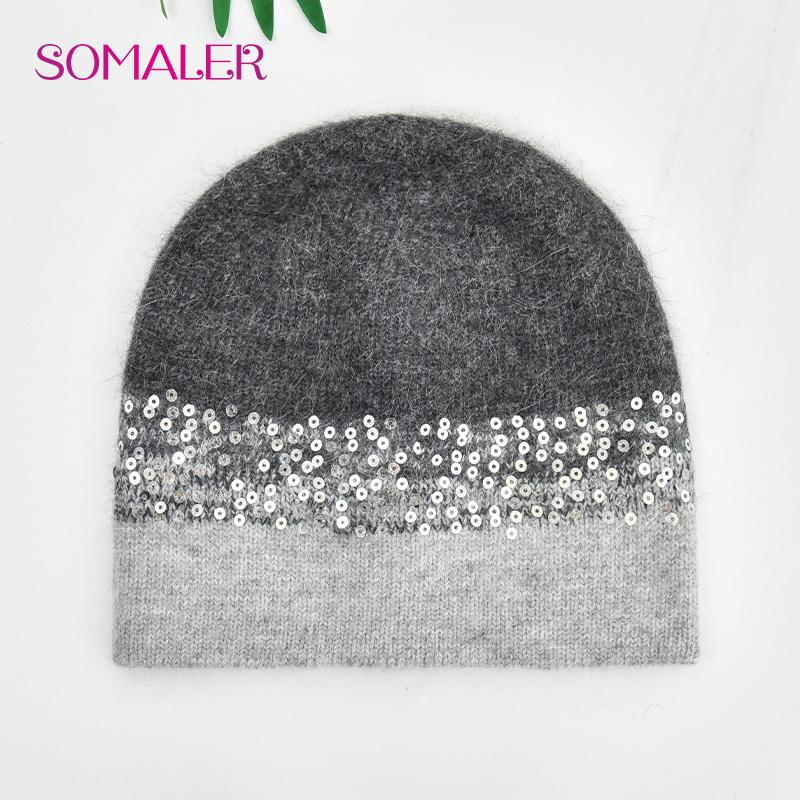 SOMALER Winter Hats for Women Warm Angora Wool Knitted Hat Fashion Sequin Beanie Hat Thick Long Rabbit Fur Hair  Skull Cap Bonnet