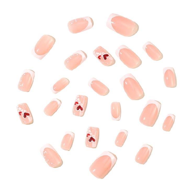 24pcs Sweet Heart Designs False Nail French White Short Square Artificial Nail for Party Valentine's Day Nail Decors