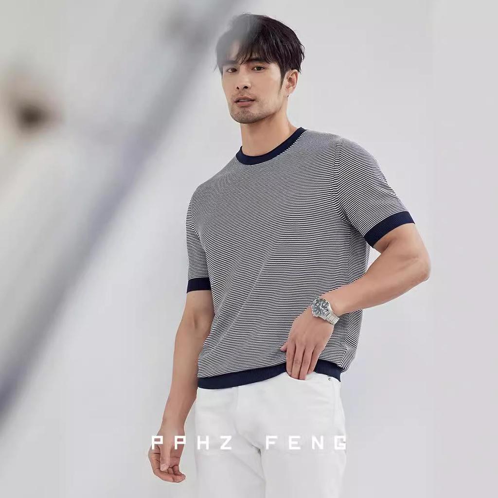 2024 Men's Striped Polo: Short-Sleeve, Versatile Round Neck Knit Shirt