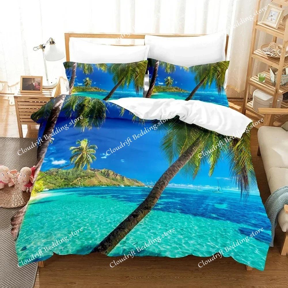 3D Landscape Duvet Cover King Full Size Summer Palm Trees Beach Sea Waves Ocean Theme for Kids Girl Boys Polyester Bedding Set