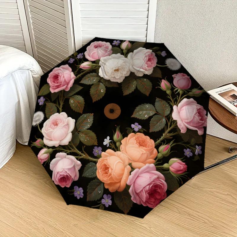 1pc Roses and Dandelions Circular Arrangement Umbrella with Plastic Handle,Suitable for All Seasons Home Travel Outdoor UmbrellaDD1829