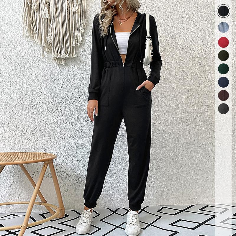 Women's 2024 Fall and Winter New Europe and USA Hooded Long Sleeves Zipper Sweatshirt Casual Sports Jumpsuit