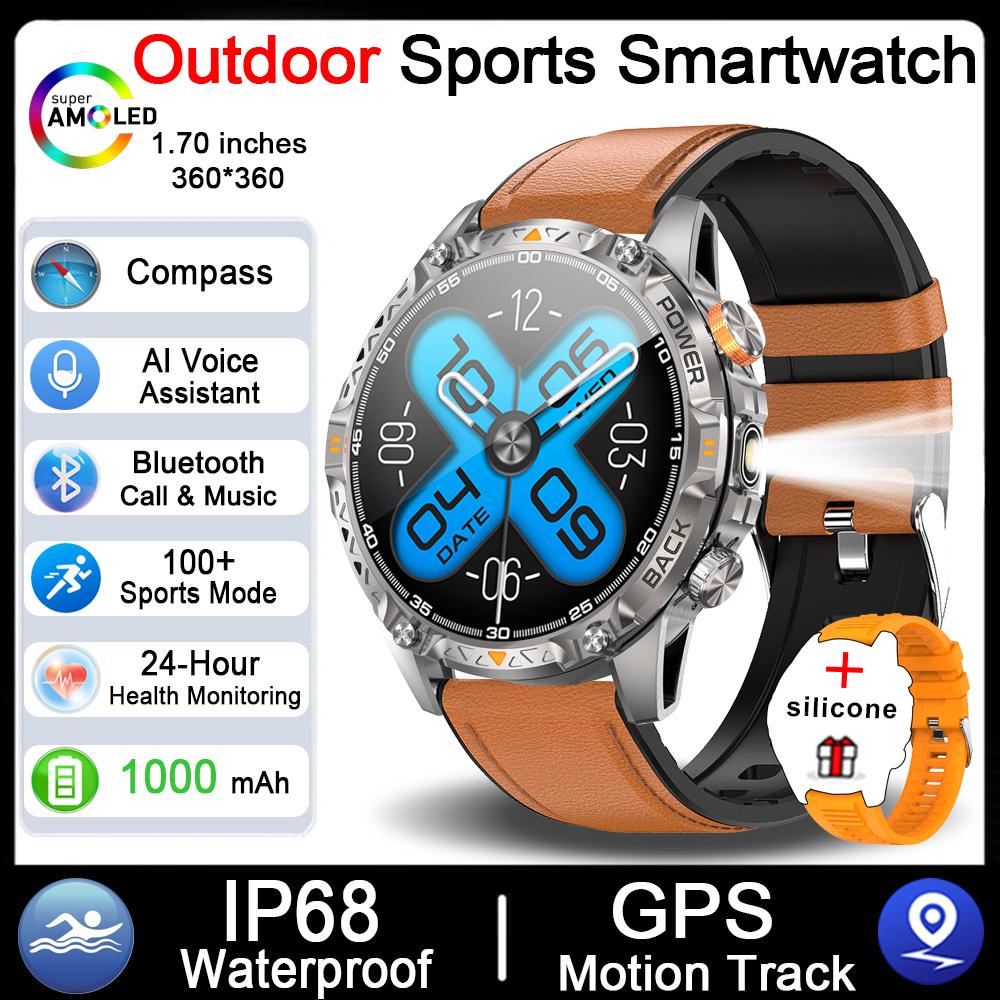 New 1000mAh Battery SmartWatch IP68 Waterproof Compass Bluetooth call 1.7"  HD Sports Flashlight Smart Watch For Men