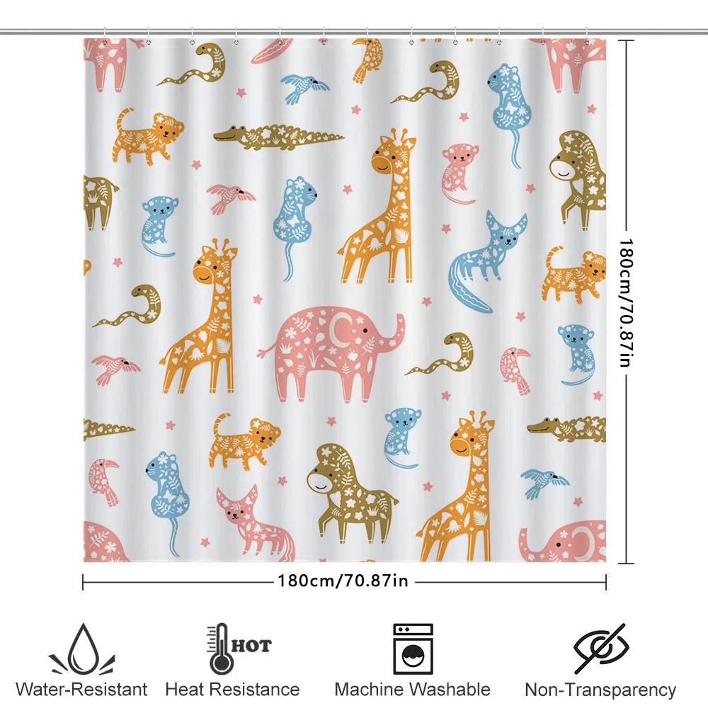 Animal Pattern Shower Curtain Set Bathroom Decor For Kids Room Multicolor Giraffe Elephant Print Waterproof Fabric Shower Curtai