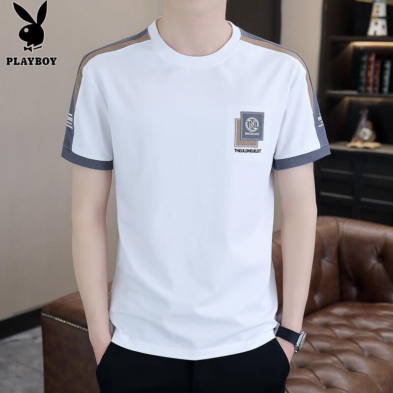 PLAYBOY Short-Sleeve T-Shirt for Men, Summer Loose Ice Silk Top, Round Neck High-End Trendy Brand Cool-Feeling Half-Sleeve, White, Size L