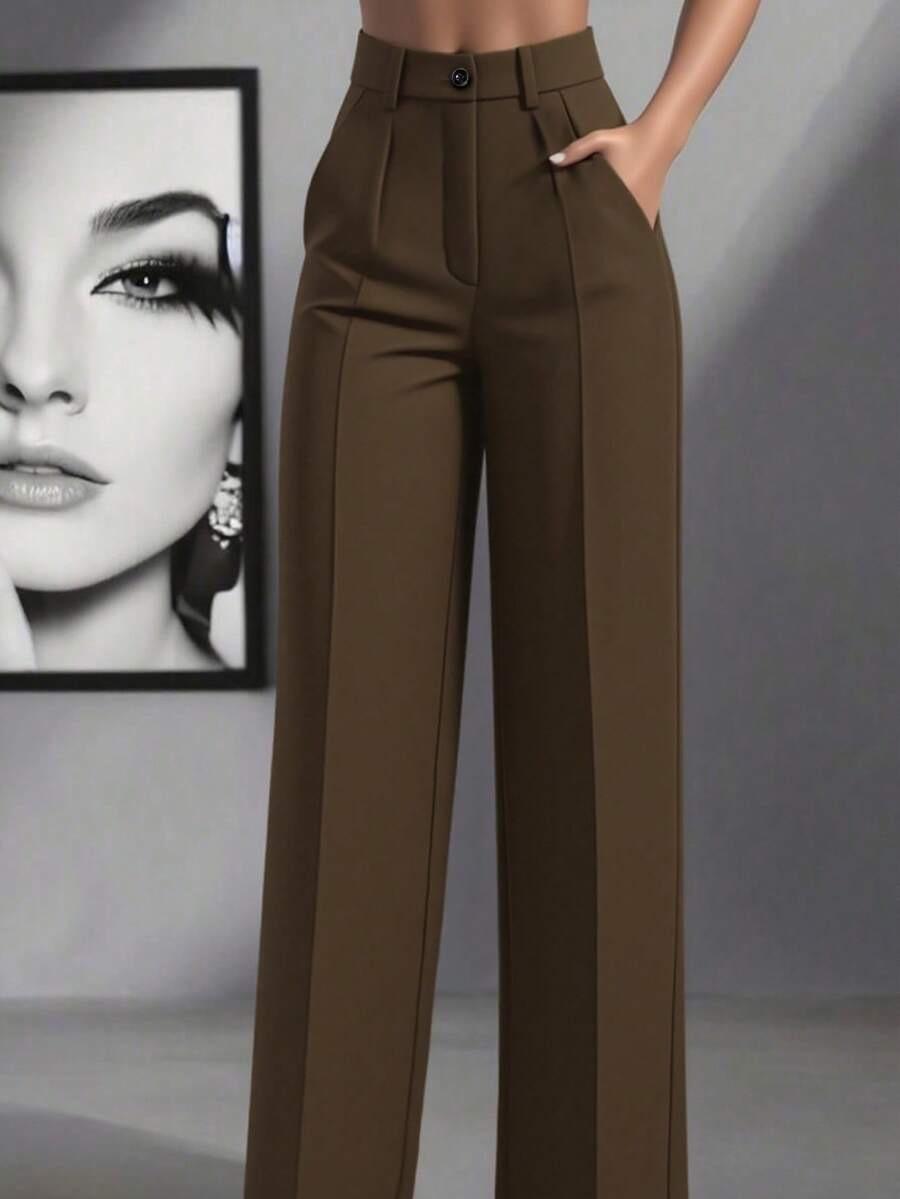 

2025 European & American Women s Solid Color High-Waisted Pleated Loose Long Work Pants L