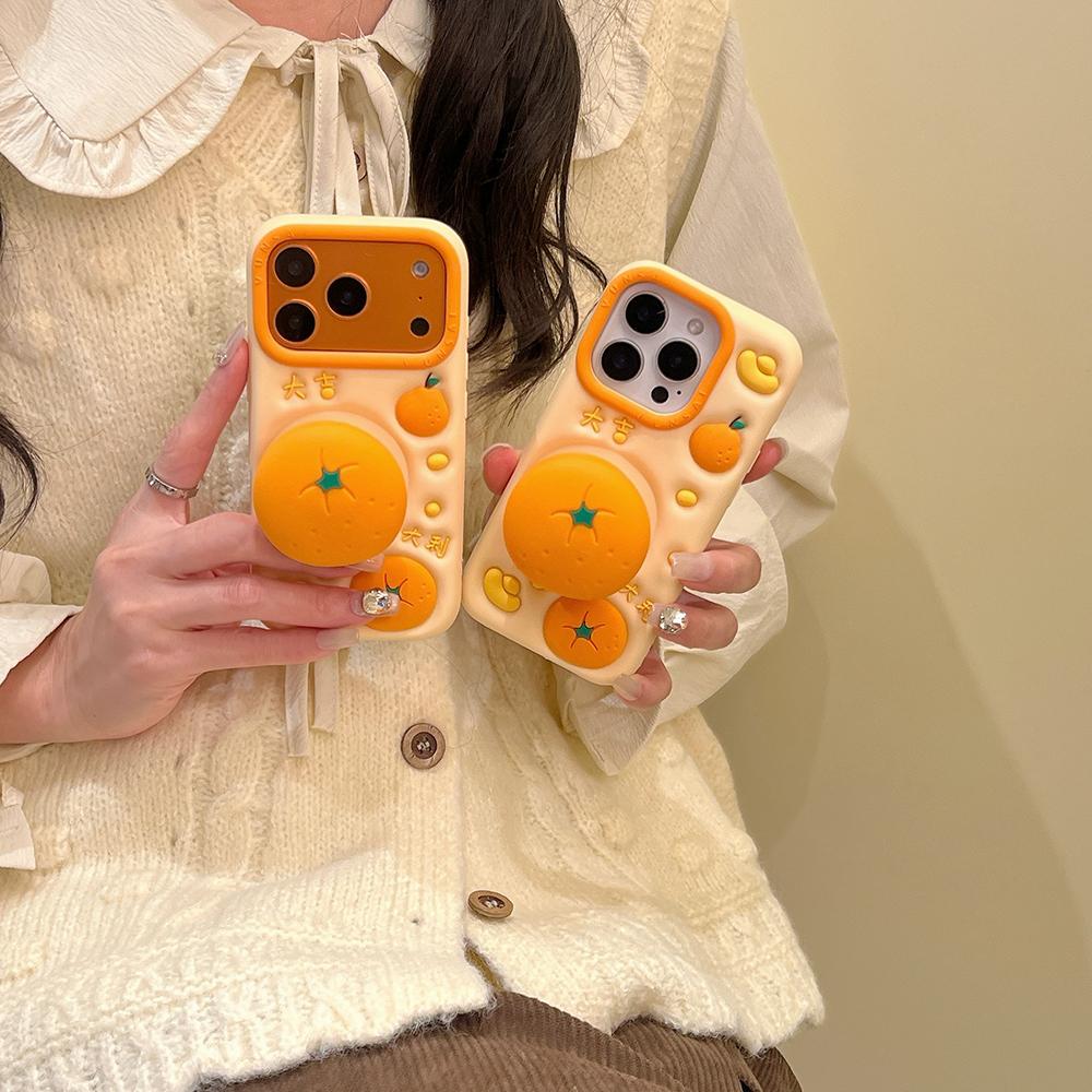 For iPhone 17 16 Plus 16e 15 14 13 12 Pro Max Funny 3D Fruit Orange Telescopic Bracket Case Soft Silicone Stand Holder Cover