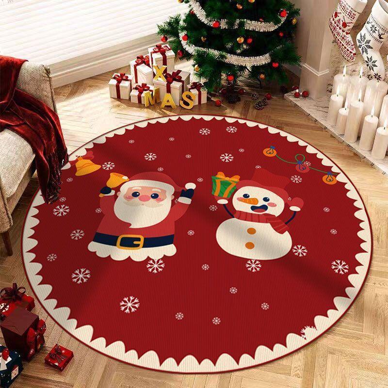 Round Christmas Red Carpet Mat Santa Reindeer Rug Snowman Gingerbread Man Festive Non-slip Home Decoration for Living Room Rugs