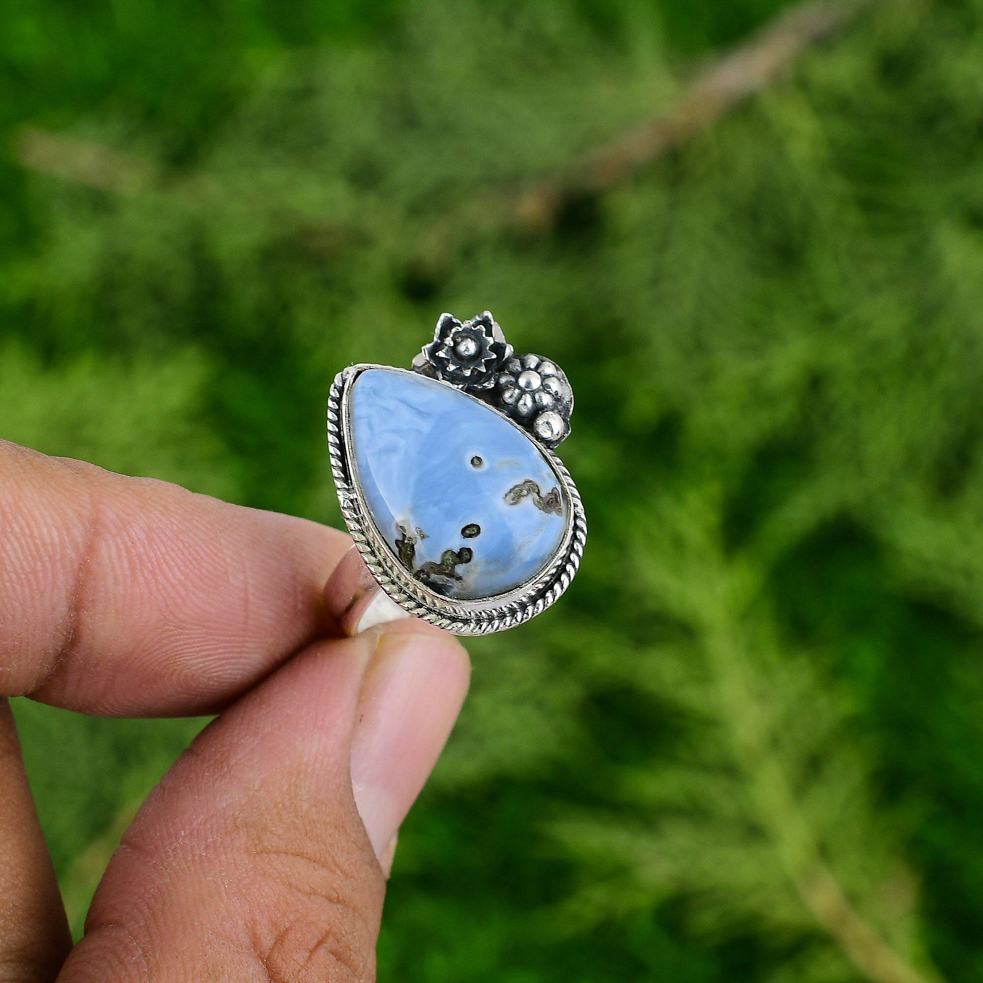 

Регулируемое кольцо-цветок, можно носить стопкой, серебро 925 пробы, натуральный голубой опал Оуихи Adjustable