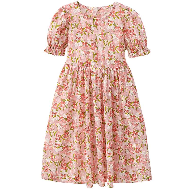 Girls' Summer Dress Cotton Dress Floral Puff Sleeve French Forest Oil Painting Style Sweet Cotton Dress
