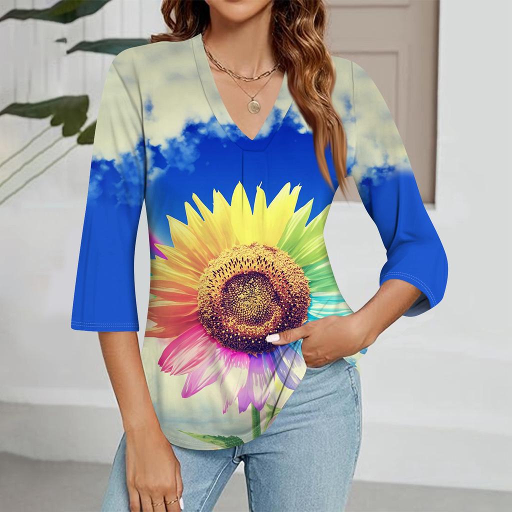 Modisches Oberteil mit V-Ausschnitt, Farbverlauf-Print und Dreiviertelärmeln für Damen