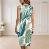 Women Plus Size V Neck Sleeveless Tropical Leaf Printed Bodycon Midi Dress