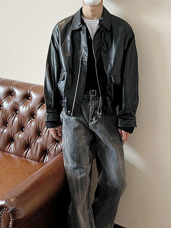 Pánská retro motorkářská bunda s klopami z PU kůže - Ležérní jarní/podzimní styl