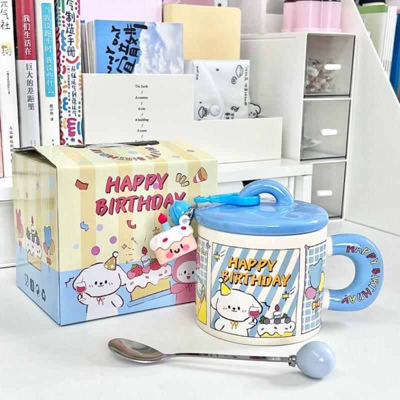 Cute cartoon mug girl gives girlfriend birthday gift puppy cake ceramic cup couple water cup with lid spoon