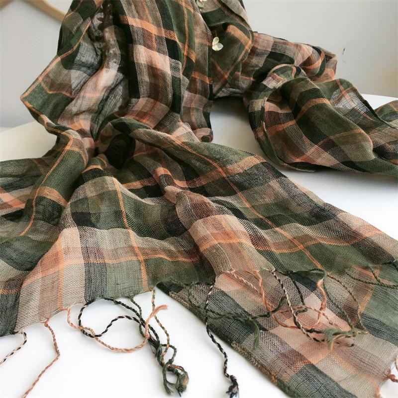 Summer New Linen Plaid Scarf Japanese style Fashion Shawl Beach Holiday Decoration Linen Scarves