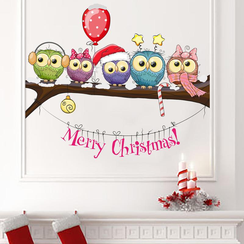 Merry Christmas Window Wall Stickers Posters Decals Waterproof Owl New Year Christmas Tree Decorations Home Decor Xmas