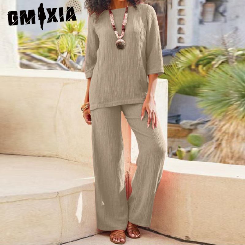 

GMXIA Женский винтажный брючный костюм большого размера однотонного цвета из хлопка и льна, повседневный, с длинным рукавом, свободный хлопковый костюм XXXXXL хаки