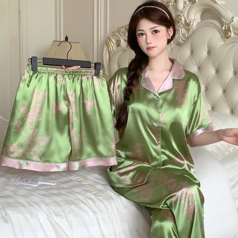 Fashion New Chinese Retro Ice Silk Pajamas Women'S Autumn Long-Sleeved Suit High-End Silk Loungewear Suit