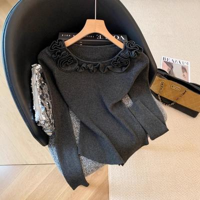 Herbst neu sanfter Wind dreidimensionale Blume gestrickter Pullover Damen langärmeliges figurbetontes Oberteil