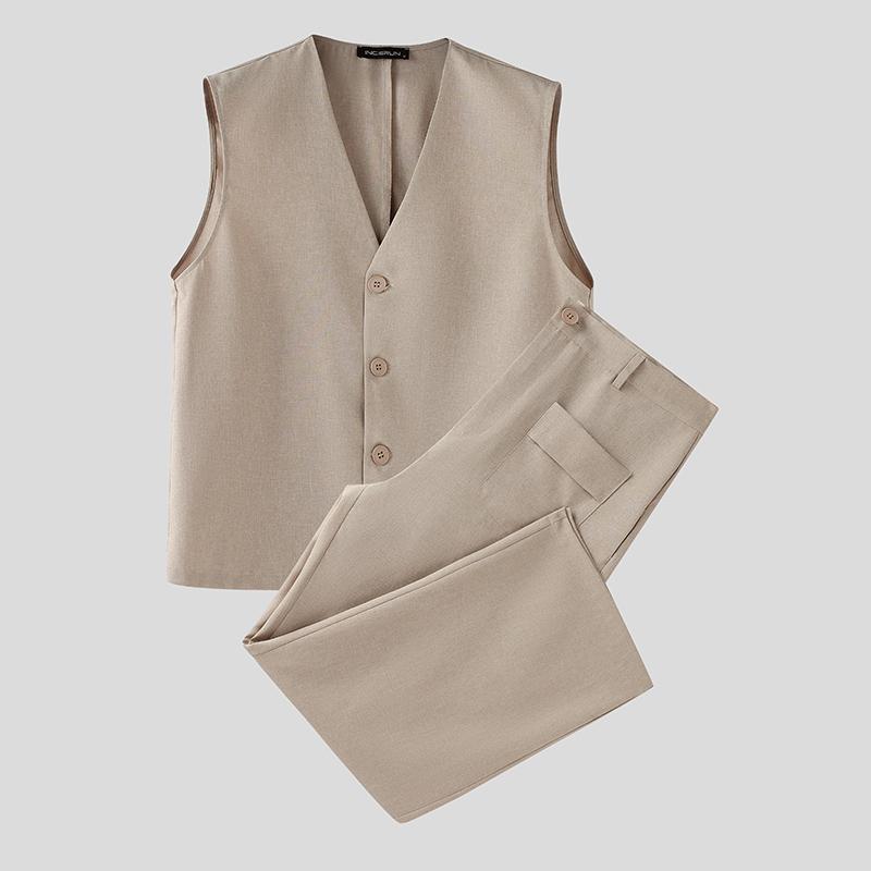 INCERUN Men Sleeveless V Neck Buttons Up Waistcoat and Long Pants Outfits Sets