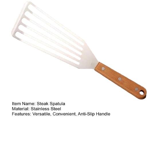 Stainless Steel Slotted Spatula with Wooden Handle Heavy-Duty Turner for Steak Fish BBQ Heat-Resistant Rust-Proof Essential Kitchen Tool for Flipping