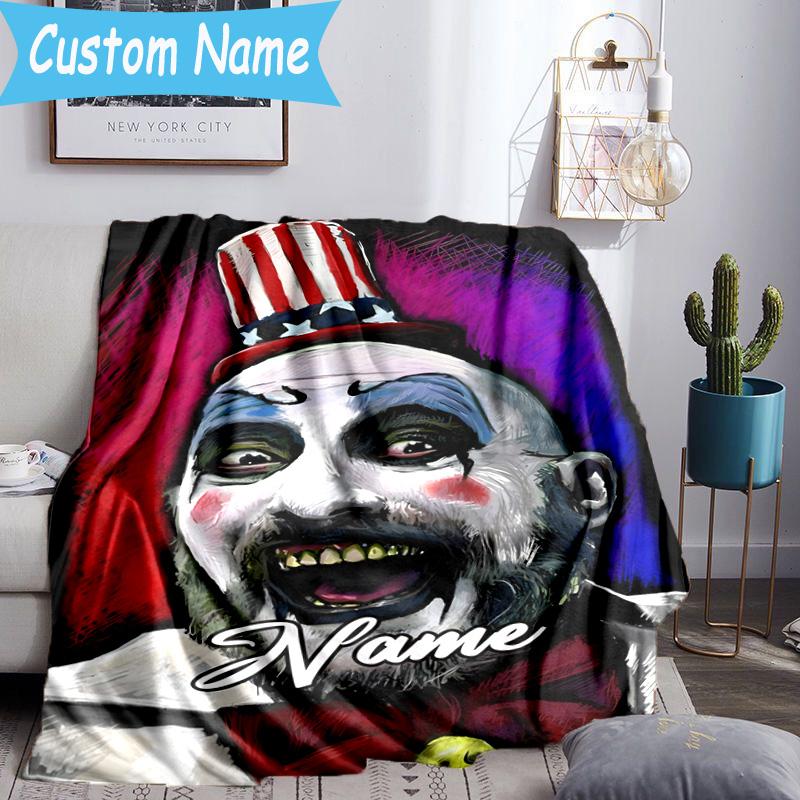 1PC Custom Name Horror Clown Artwork Throws Blanket Flannel Blankets for Couch Bed Gifts for Men Women Travel Picnic Christmas Fan Gifts