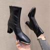 Metal Square Head High-heeled Boots Women's 2025 Autumn and Winter New Commuting Is Not Tired, Middle Heel Martin Boots Warm Thick Heel Short Boots