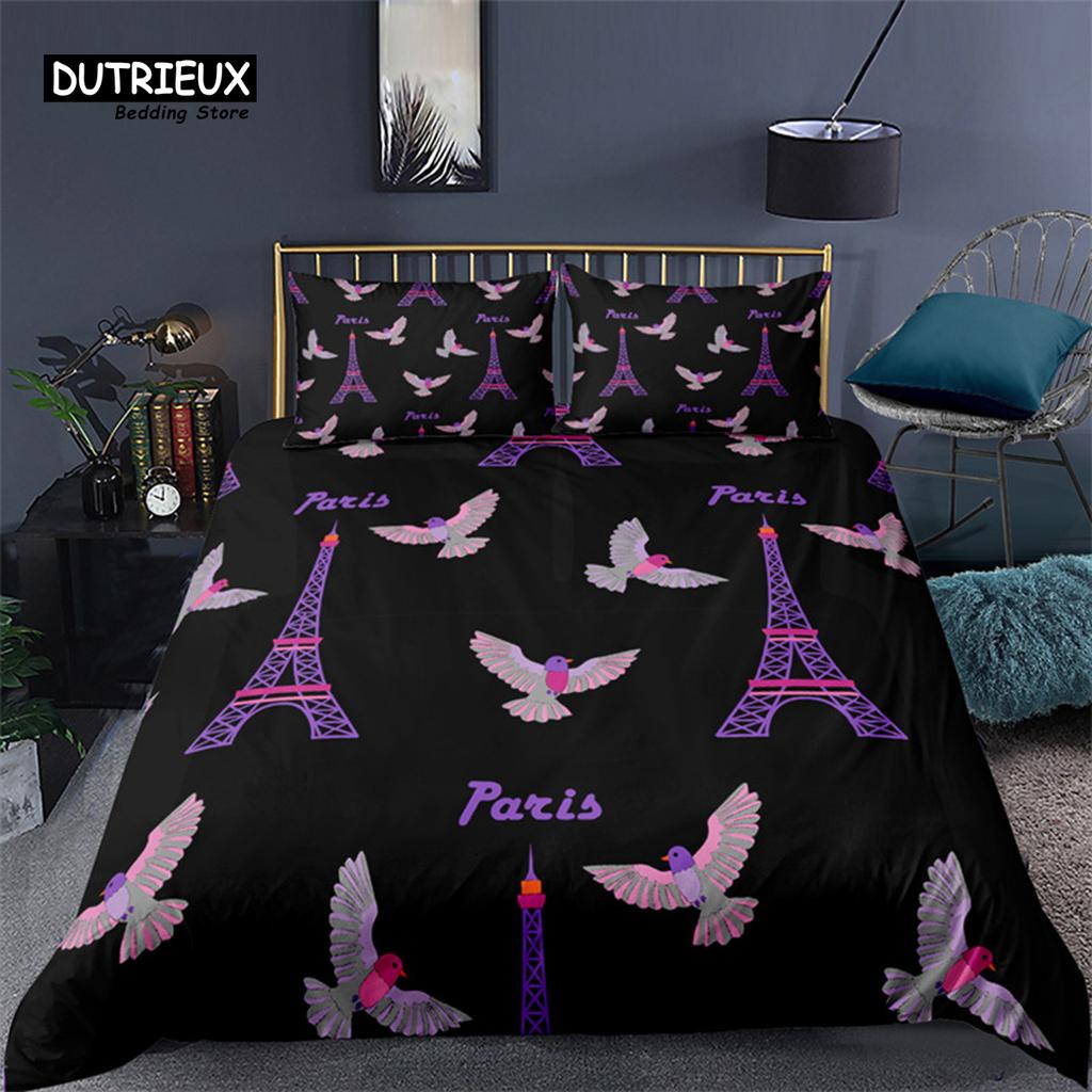 2/3KS Soft Paris Eiffelova věž Sada povlaků na přikrývku Love Heart 3D Print King Queen Sada povlečení na přikrývku z mikrovlákna Domácí textil