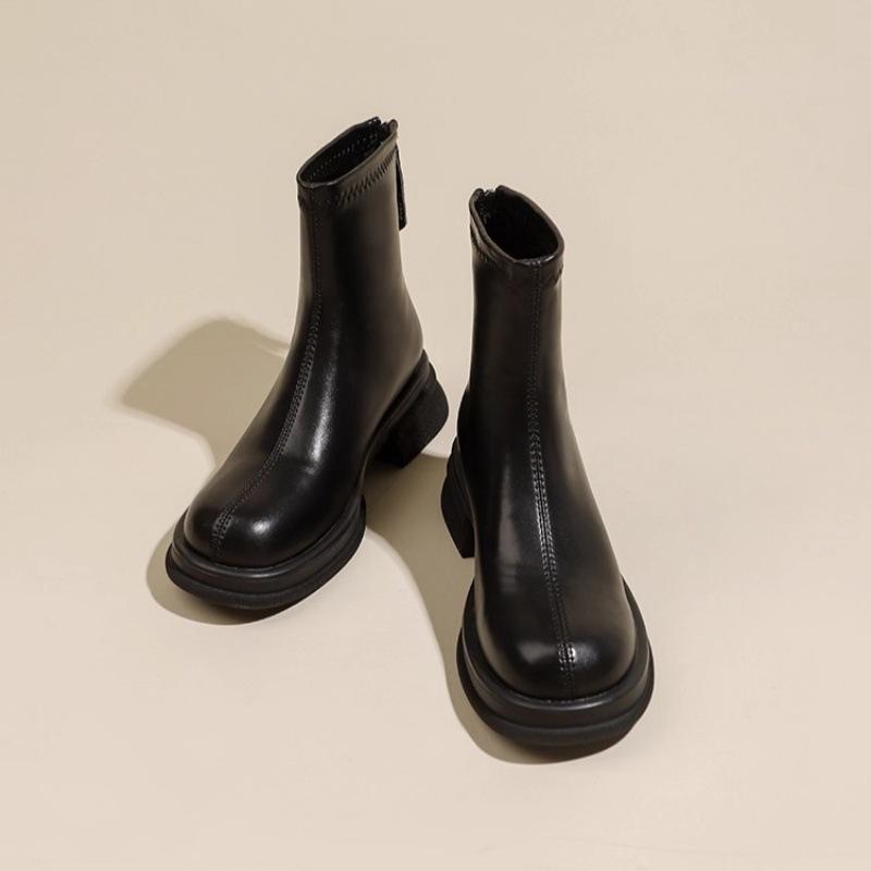 Soft leather thick-soled heightening short boots women's new elastic thin boots in autumn and winter 2025 regular thick-heeled Martin boots