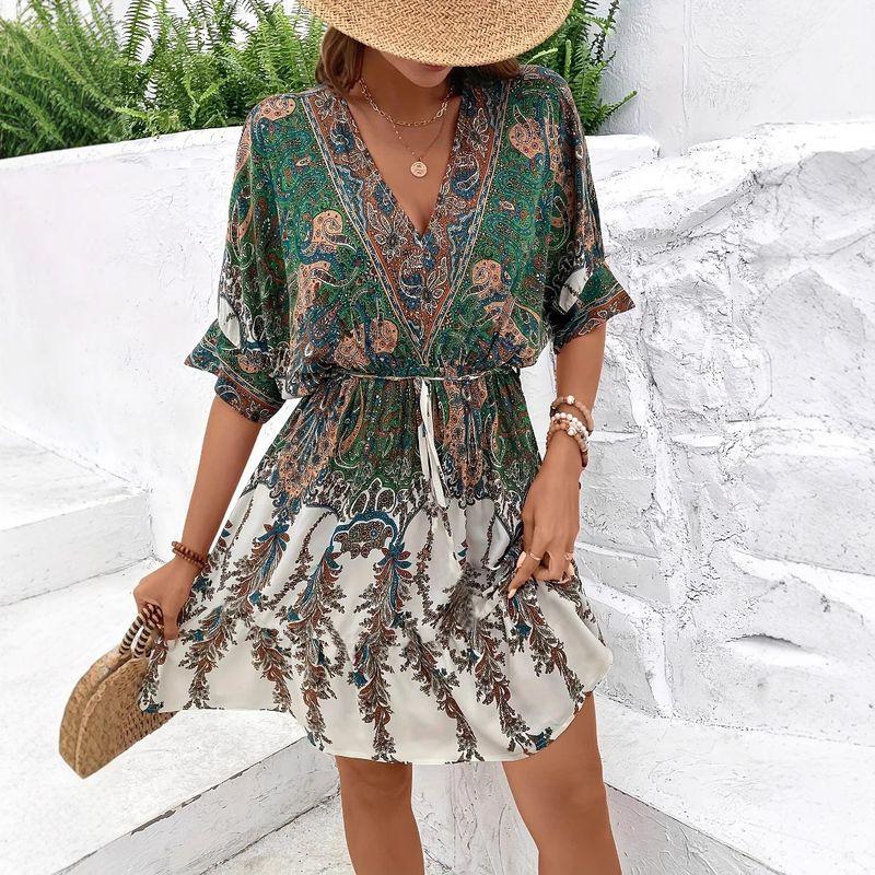

V-neck Retro Ethnic Dress High Waist Big Swing Skirt Floral Dress Bohemia Beach Skirt Green S